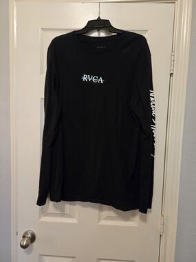 RVCA Black Long Sleeve Tee with White Sleeve Script and Blue Logo